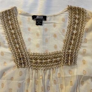 NAOO Nation AK Outfits Metallic Boho Peasant Blouse XL India Embroidered Gold